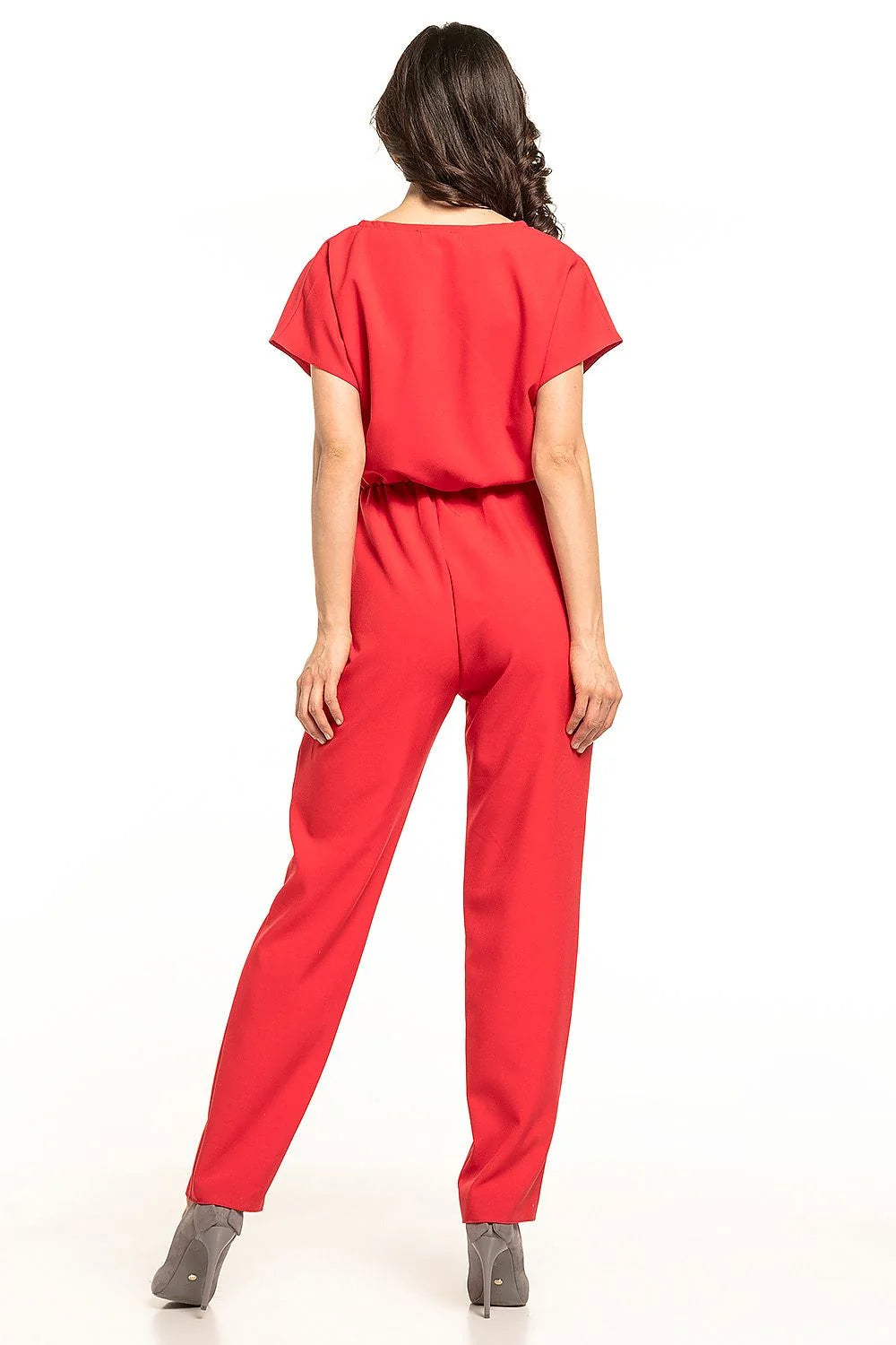 combinaison femme polyester élasthanne vert sarcelle élégante moderne encolure V croisée manches courtes ceinture médaillons dorés poches taille élastiquée droite