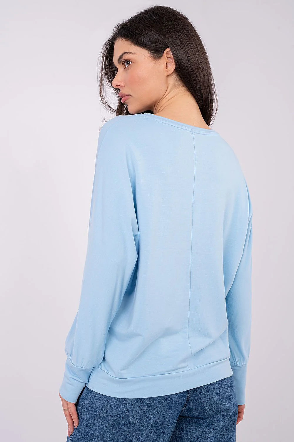 chemisier femme bleu ciel oversized jersey doux modal élasthanne manches longues dolman encolure ronde fluide ample minimaliste patch