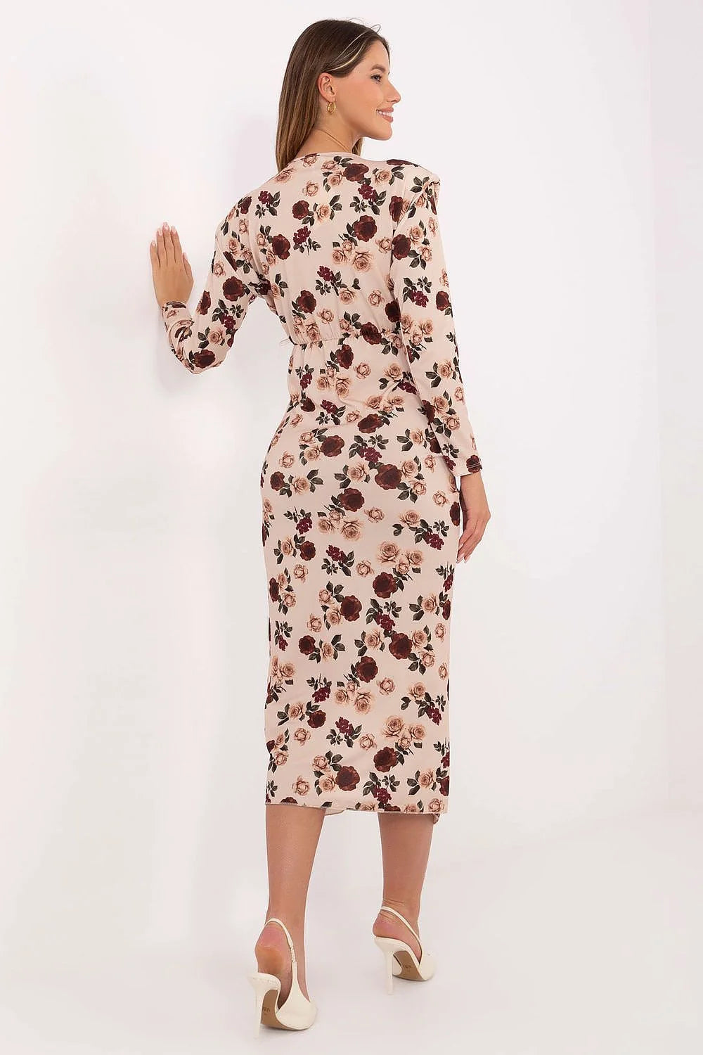 robe midi portefeuille manches longues encolure V imprimé floral bordeaux beige nude rosé viscose polyester fluide ceinture intégrée boucle dorée