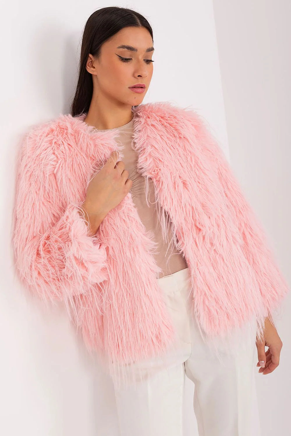 Veste en fausse fourrure rose pastel pour femme, design luxueux, coupe droite, manches longues, doublure confortable, occasion hivernale