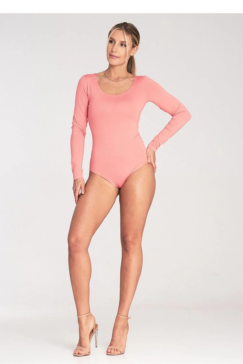 body femme classique manches longues décolleté bateau rose corail douce viscose elasthanne jersey extensible coupe ajustée