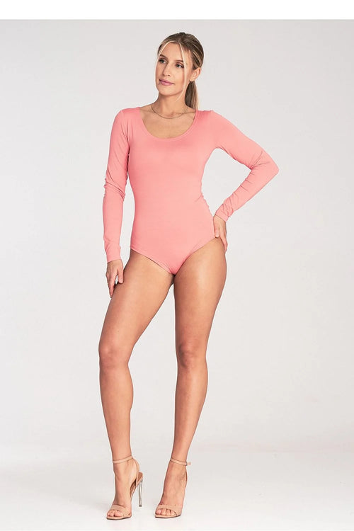 body femme classique manches longues décolleté bateau rose corail douce viscose elasthanne jersey extensible coupe ajustée
