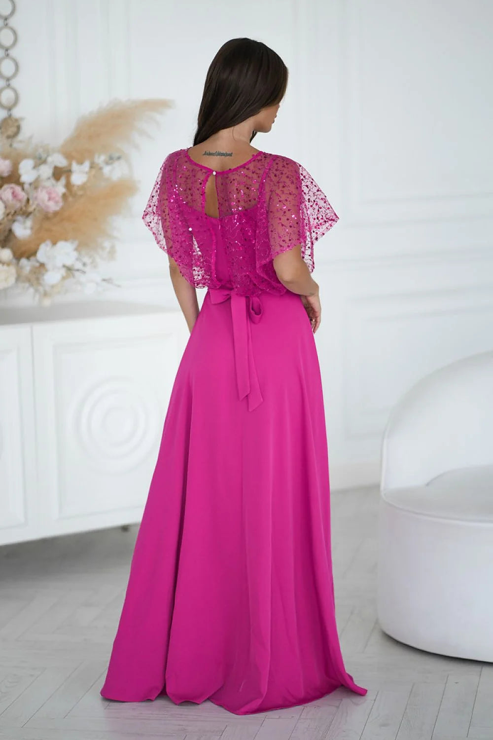 robe longue soirée fuchsia fines bretelles dentelle brodée sequins bolero scintillant ceinture fleur taille haute jupe chiffon fluide