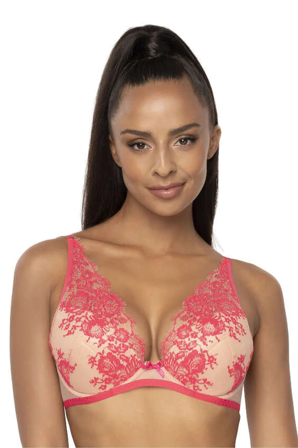 Soutien-gorge féminin push-up dentelle floral nude rose vif tulle doublé non rembourré ajustement parfait maintien naturel