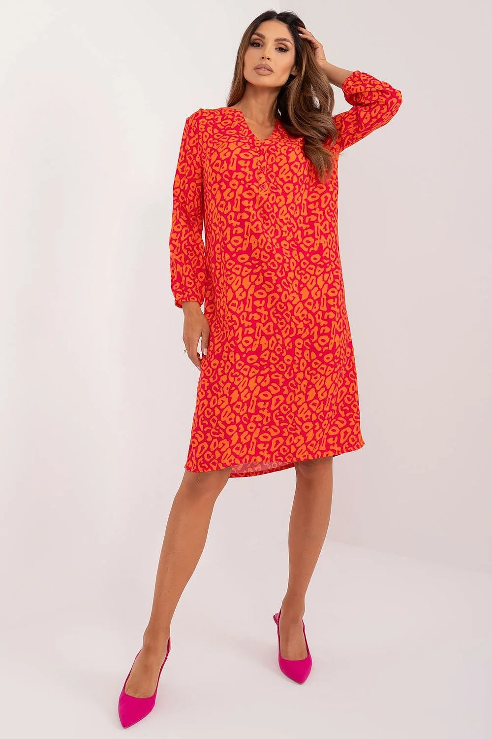 robe audacieuse moderne femme manches longues encolure V coupe droite fluide tombé mi cuisse léger respirant imprimé léopard jaune rouge