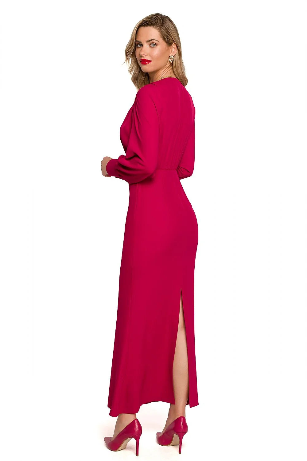 Robe de cocktail élégante longue manches volumineuses décolleté en V fuchsia sans motifs polyester elasthanne