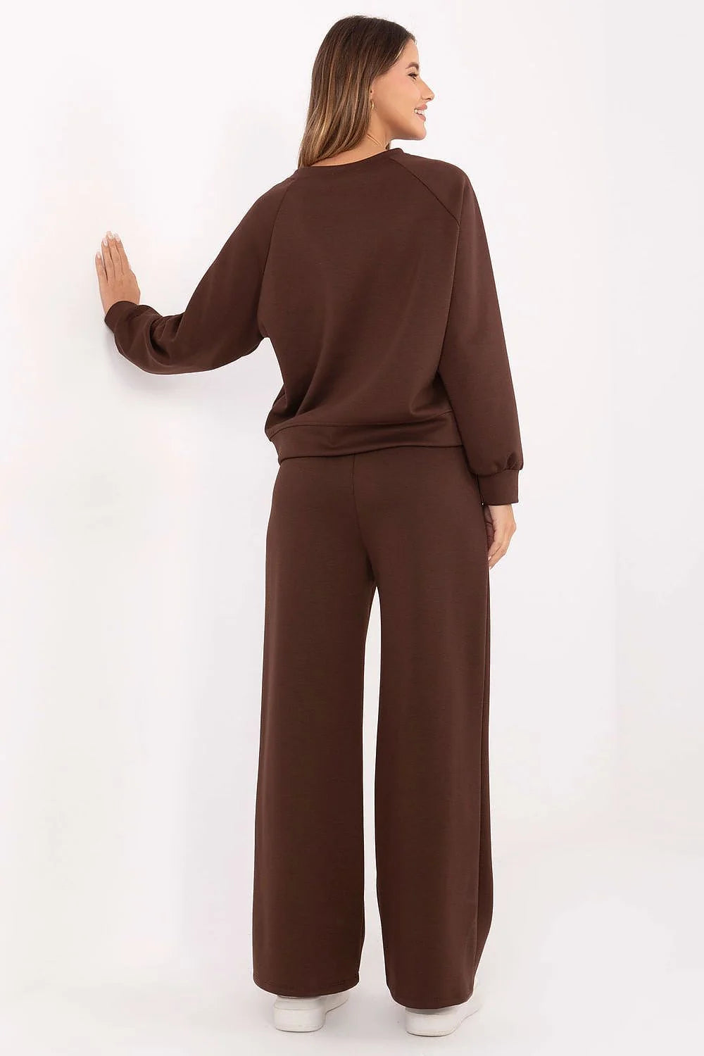 ensemble survêtement femme lounge oversize sweat pantalon taille haute jersey molleton doux chocolat col rond manches longues poches