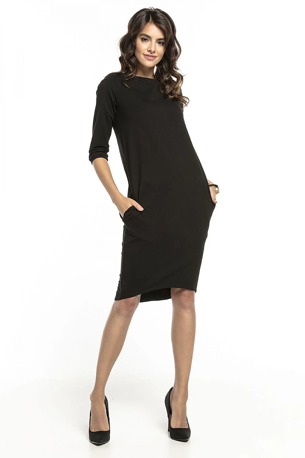robe Tessita bleu royal midi genou manches trois quarts col rond ajustée jersey extensible confortable minimaliste