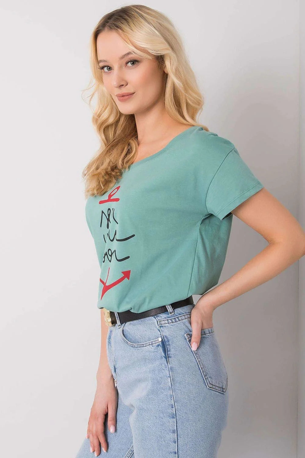 T-shirt pour femme design ancre 'sea you soon' vert menthe manches courtes col rond ajusté