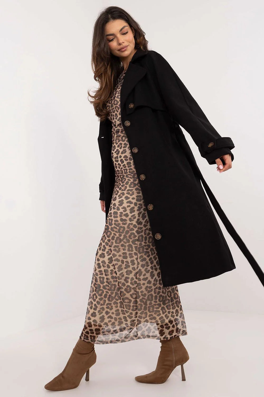 Manteau Och Bella en polyester intemporel élégant genoux longueur manches longues fermeture boutons poches latéales ceinture attachée femme
