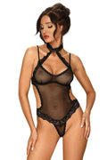 Body en dentelle noire transparent sexy ajusté col montant bretelles réglables lingerie glamour féminine