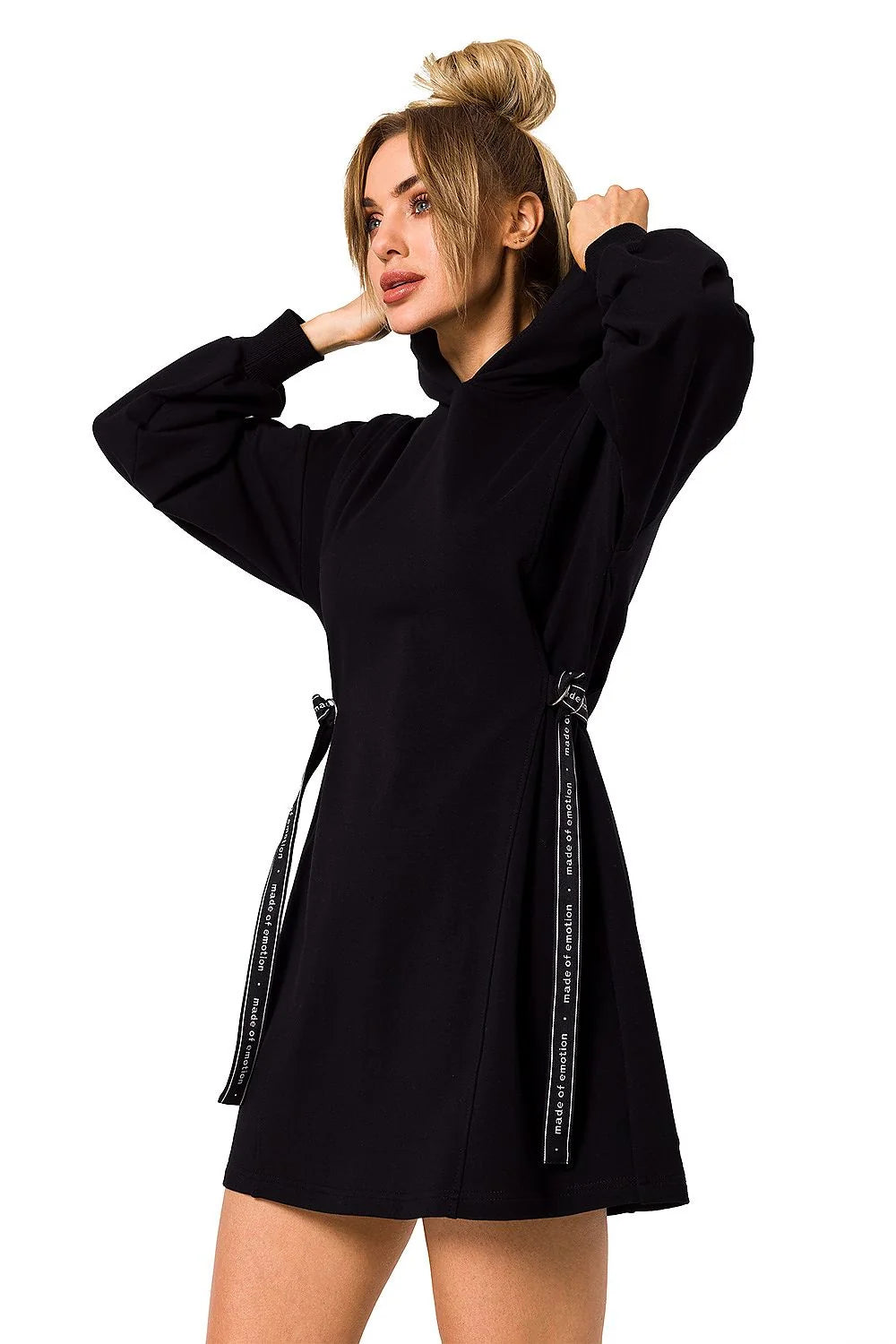 robe sweat capuche femme vert vif molleton doux coupe droite ample manches ballon poignets bords côtes cordon réglable taille