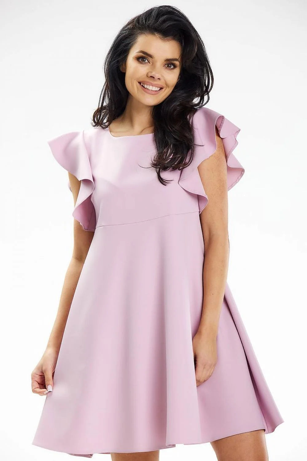 Robe de cocktail élégante pour femmes en polyester et élasthanne, couleur lilas doux, manches courtes volantées, coupe A-line, longueur genoux, sans fermeture