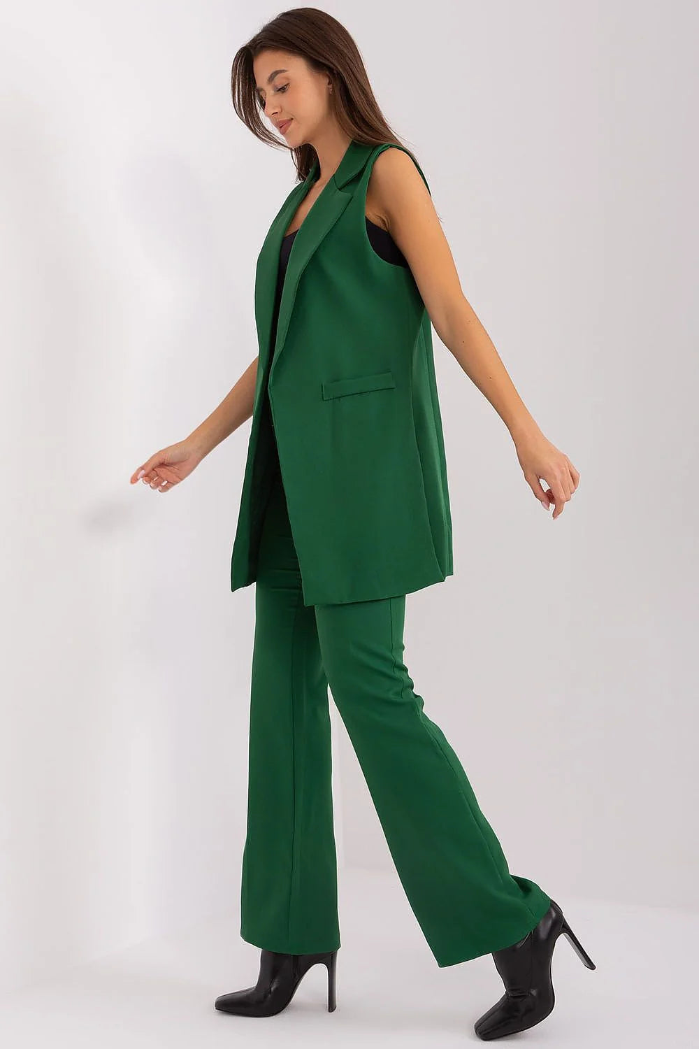 Ensemble trois pièces femme veste blazer vert top noir pantalon large Italy Moda polyester occasionnels soirées professionnelles