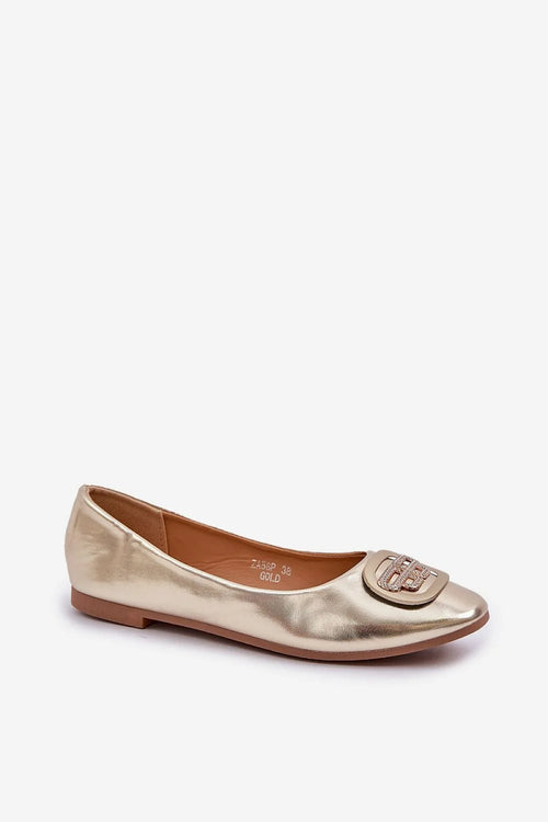 Ballerines dorées métalliques pour femmes, style élégant, cuir artificiel, bout arrondi, détails luxueux, occasions多种
