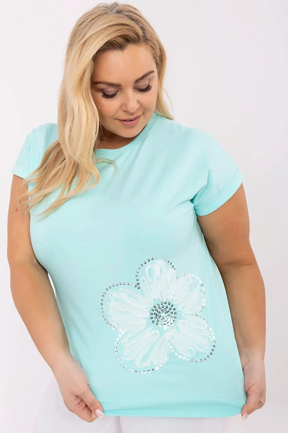 Chemisier grande taille Relevance style décontracté manches courtes motif floral paillettes coton élasthanne femmes