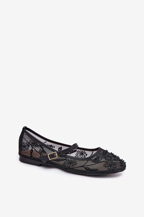 ballerines femme Mary Jane plates tulle transparent brodées perles noires floraux bride réglable boucle cuir écologique semelle confortables élégantes