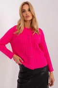 Cardigan pour femme contemporain couleur fuchsia motifs tricot torsadé manches longues encolure ronde boutons fuchsia coupe ample