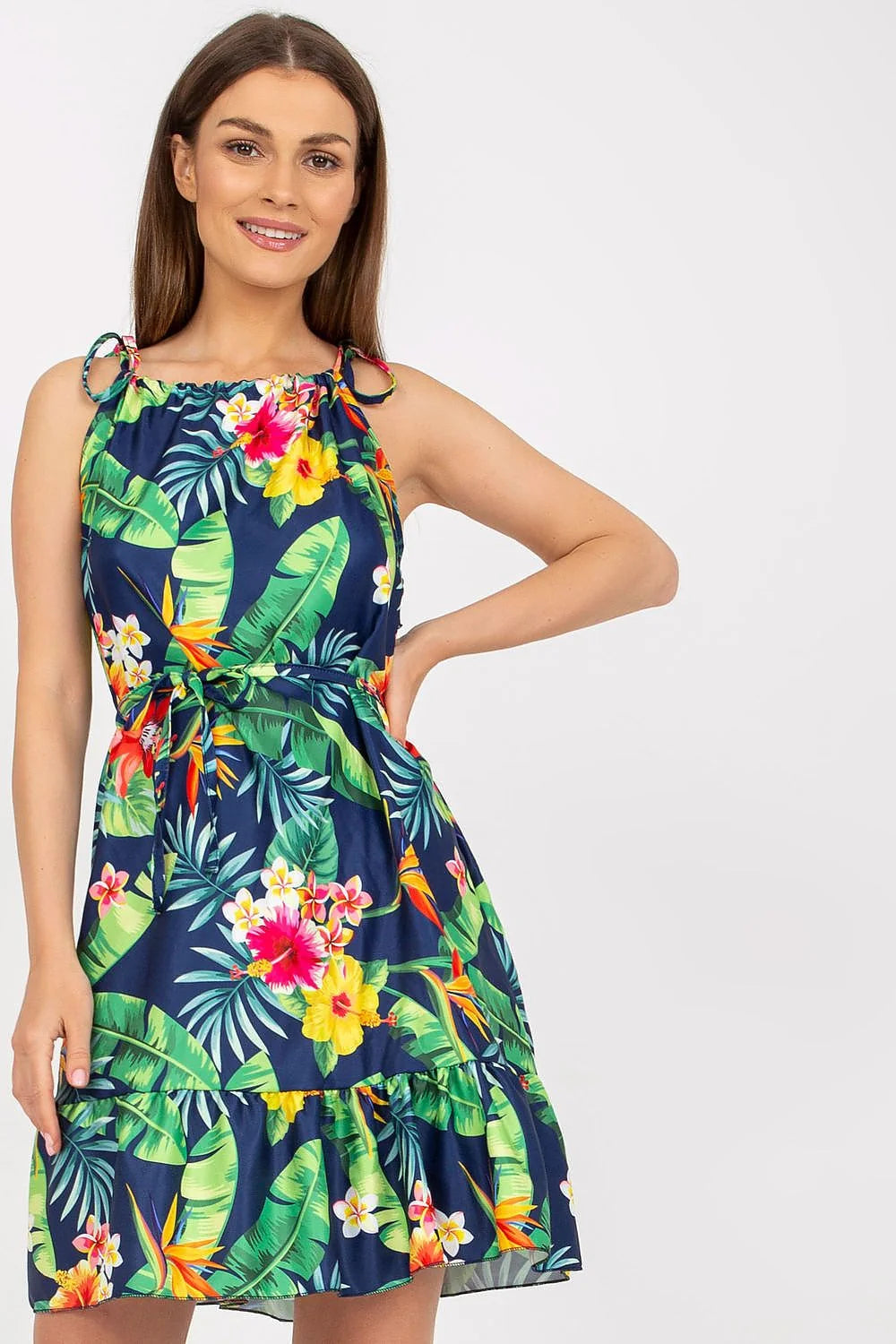 Robe de jour Rue Paris imprimé floral été épaules fines lacets taille nouée volants jupe évasée genoux court polyester femme
