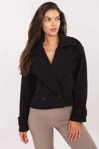 trench court femme noir polyester structuré double boutonnage revers larges épaulettes manches longues poches rabats arrondies