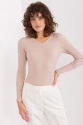 Chemisier féminin élégant en coton côtelé beige manches longues col V ajusté pour toutes occasions