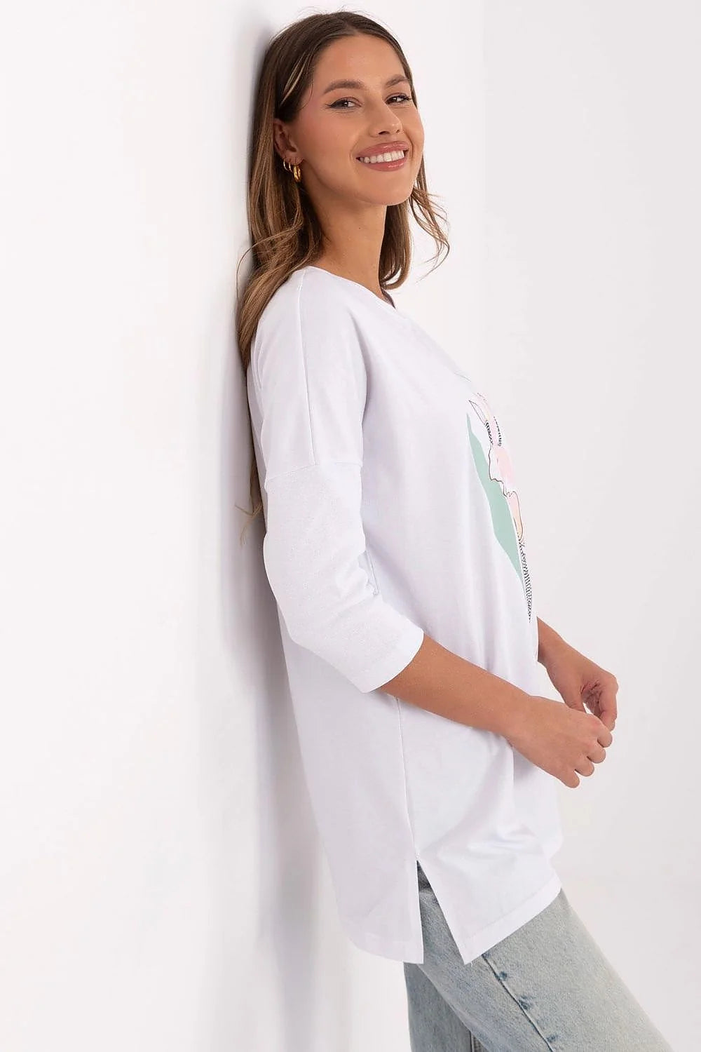 Chemisier femme décontracté style moderne floral couleur blanche rose menthe vert coton élasthanne manches 3/4 encolure ronde