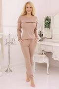 pyjama femme loungewear beige rosé viscose élasthanne doux confortable chaud élégant froncé volanté manches longues pantalon jogger slim