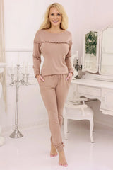 pyjama femme loungewear beige rosé viscose élasthanne doux confortable chaud élégant froncé volanté manches longues pantalon jogger slim