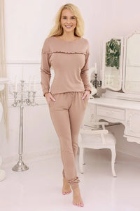 pyjama femme loungewear beige rosé viscose élasthanne doux confortable chaud élégant froncé volanté manches longues pantalon jogger slim