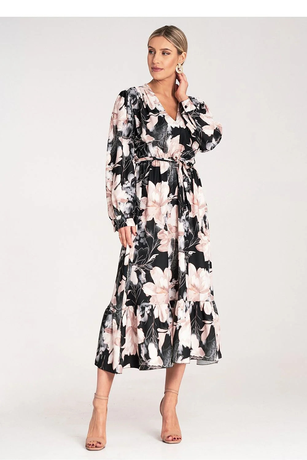 Robe de jour élégante avec motif floral V-neck manches longues taille ajustable pour femme