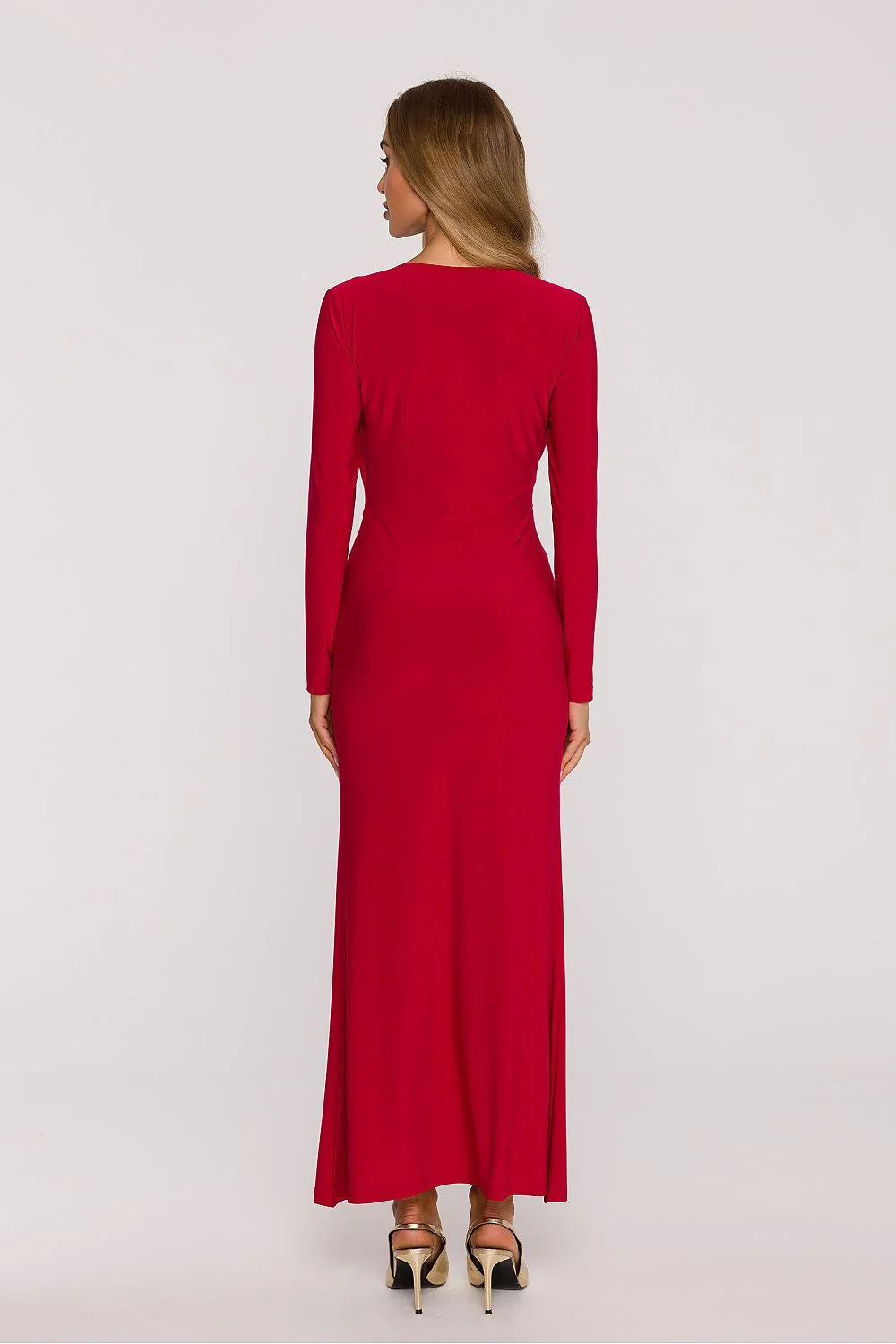 robe longue soirée maxi élégante féminine rouge vif col V manches longues ajustées tissu fluide fronces taille marquée ceinture séparée