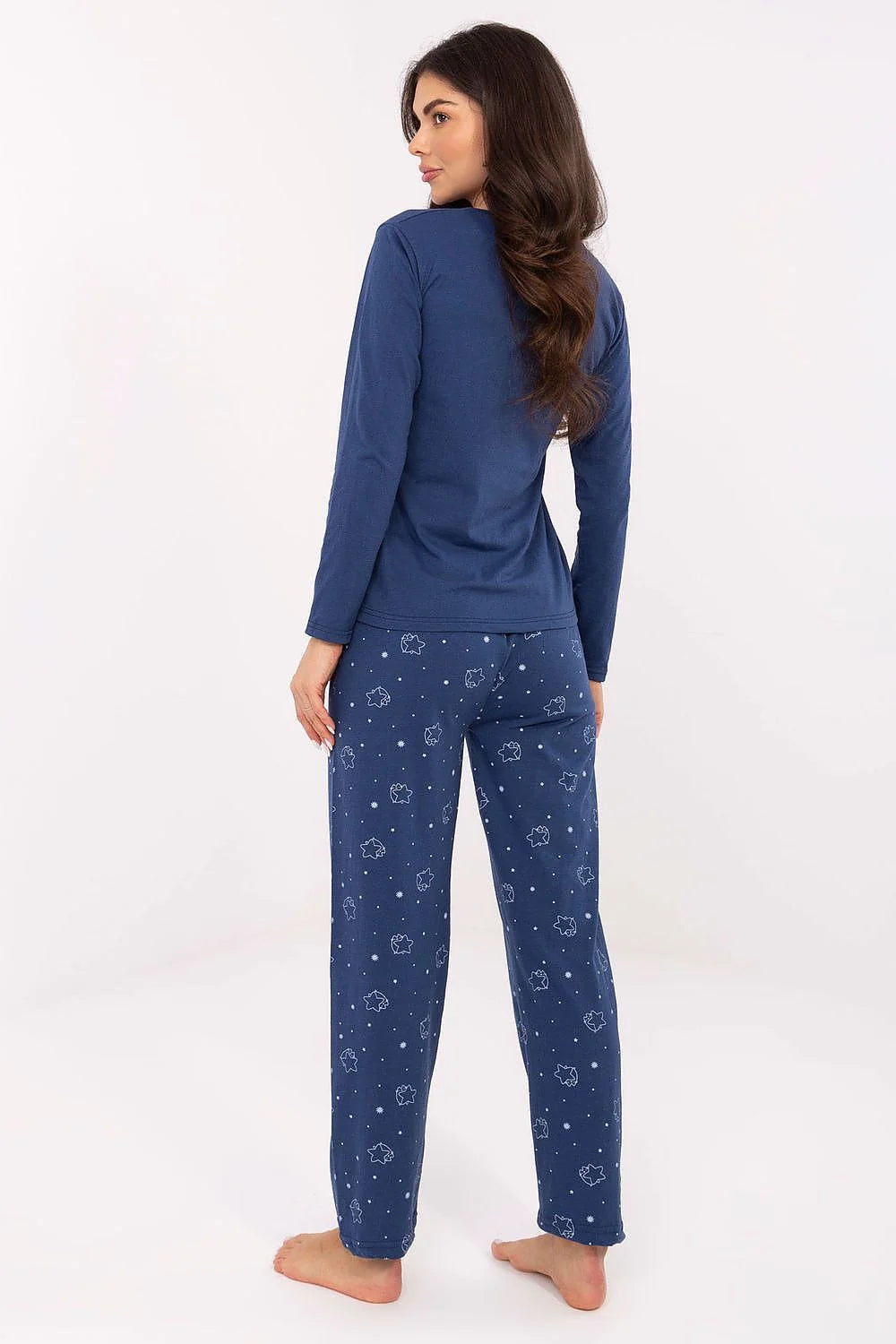 pyjama femme bleu marine imprimé étoiles nuages haut manches longues col rond pantalon long taille élastique coton doux confortable élégant