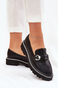 mocassins femme cuir artificiel noir bout rond bride décorative anneau métallique argenté semelle épaisse crantée antidérapante plateforme maintien confort