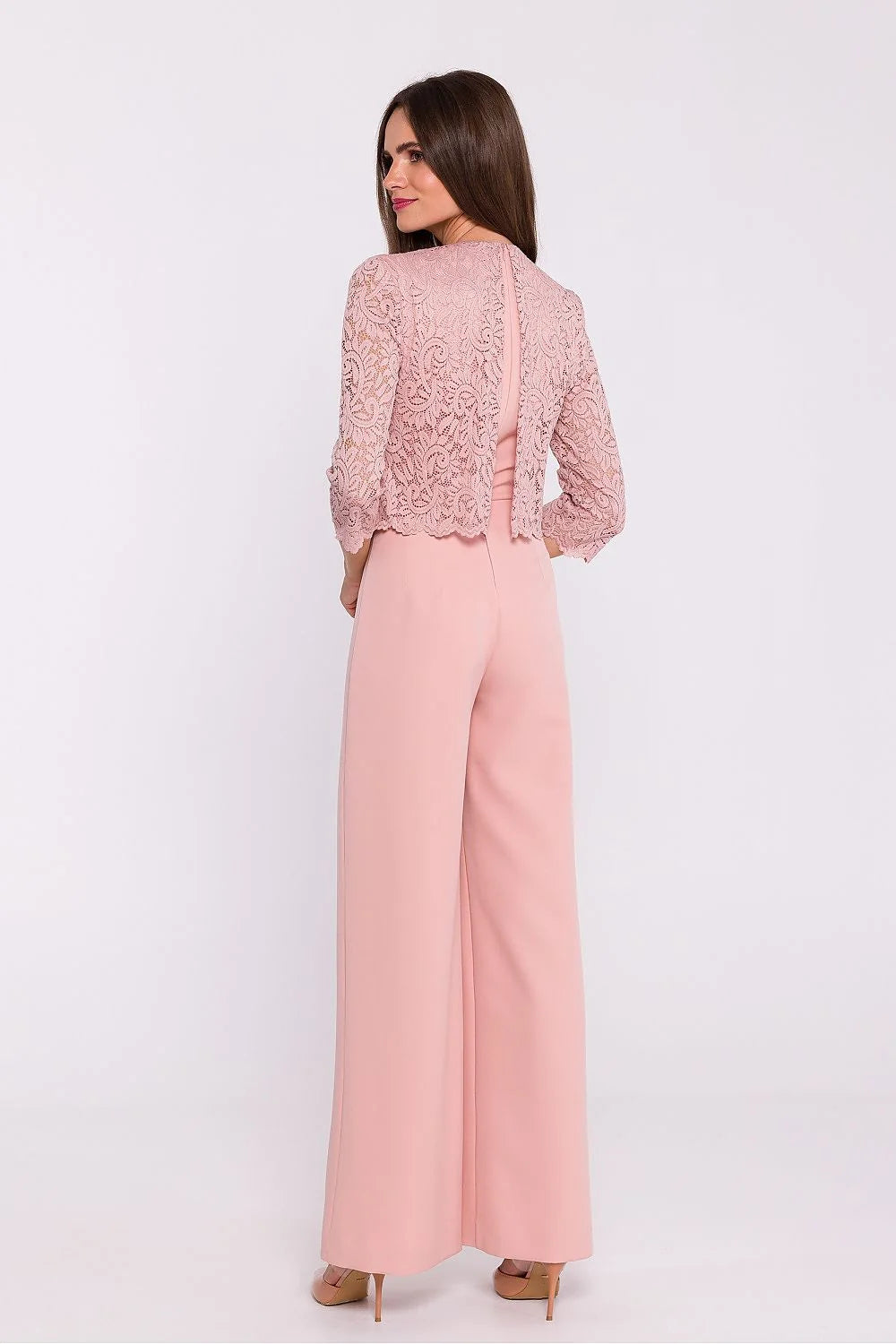 Ensemble féminin Dentelle et Tissu lisse, Haut en dentelle, Pantalon large, Manches courtes, Fermeture éclair dos, Soirée Élégance