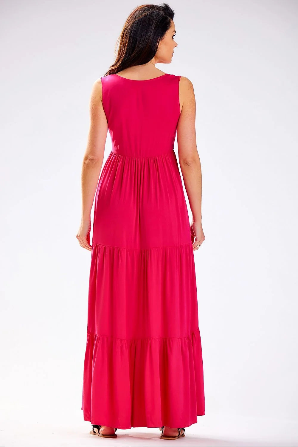 Robe de jour awama longue ample en viscose naturelle rose vif volants décolleté V sans manches été femme