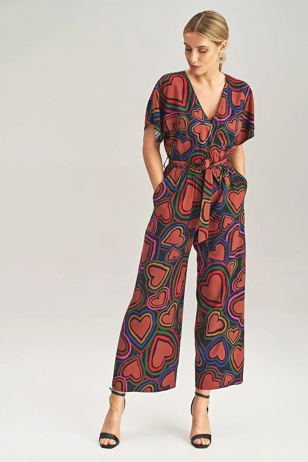 Combinaison femme moderne audacieuse imprimé cœur vibrant polyester elasthanne ample jambes larges manches courtes ceinture ajustable
