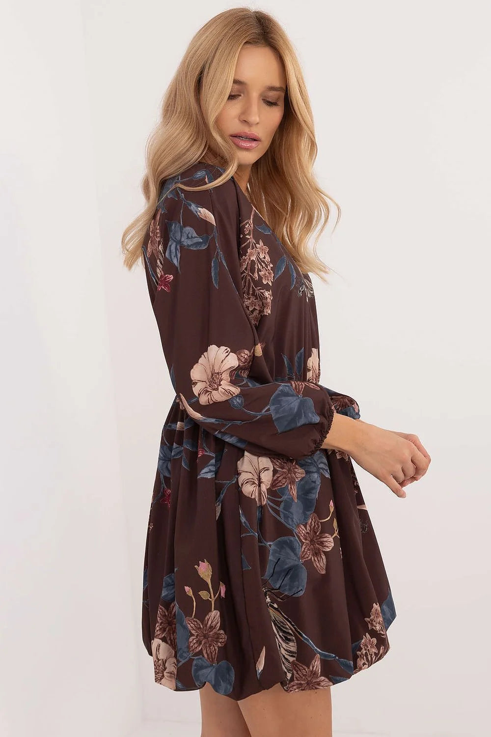 Robe de jour élégante longue manches longues encolure en V motif floral multicolore taille élastiquée femme