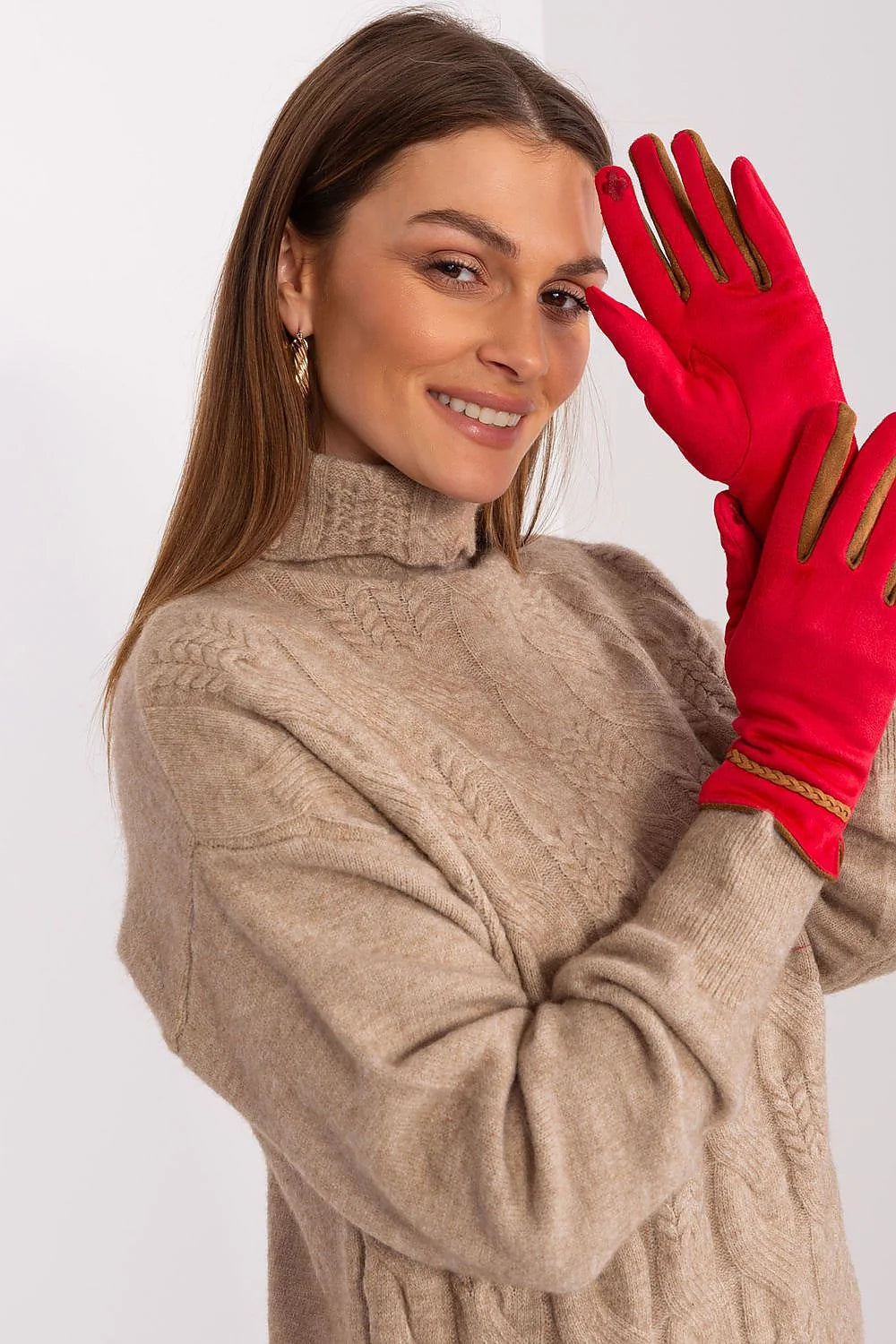 Gants élégants pour femmes, tissu lisse, empiècements contrastés, bretelles tressées, fleurs brodées, polyester-spandex, chaud et stylé