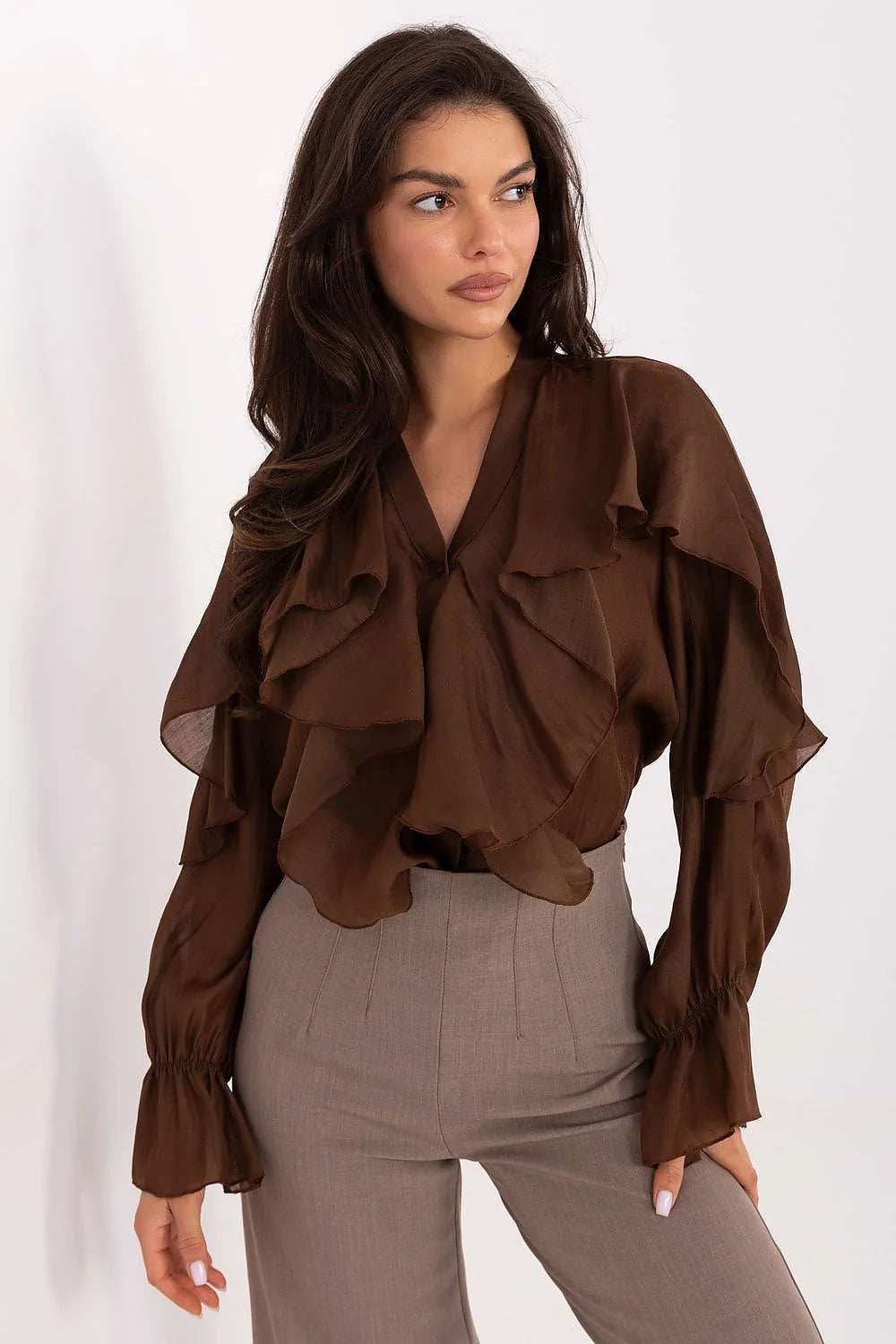 chemise femme manches longues volants jabot col V voile chiffon légère fluide cintrée tombée élégante féminine lyocell polyester
