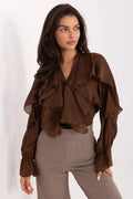 chemise femme manches longues volants jabot col V voile chiffon légère fluide cintrée tombée élégante féminine lyocell polyester