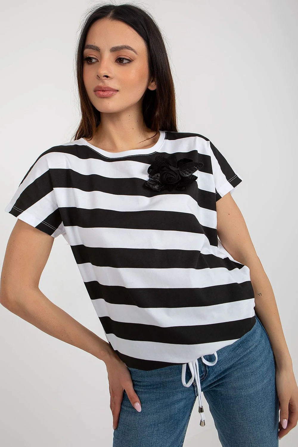 T-shirt Relevance pour femme élégant décontracté rayures horizontales fleur en volume coton elastane manches courtes