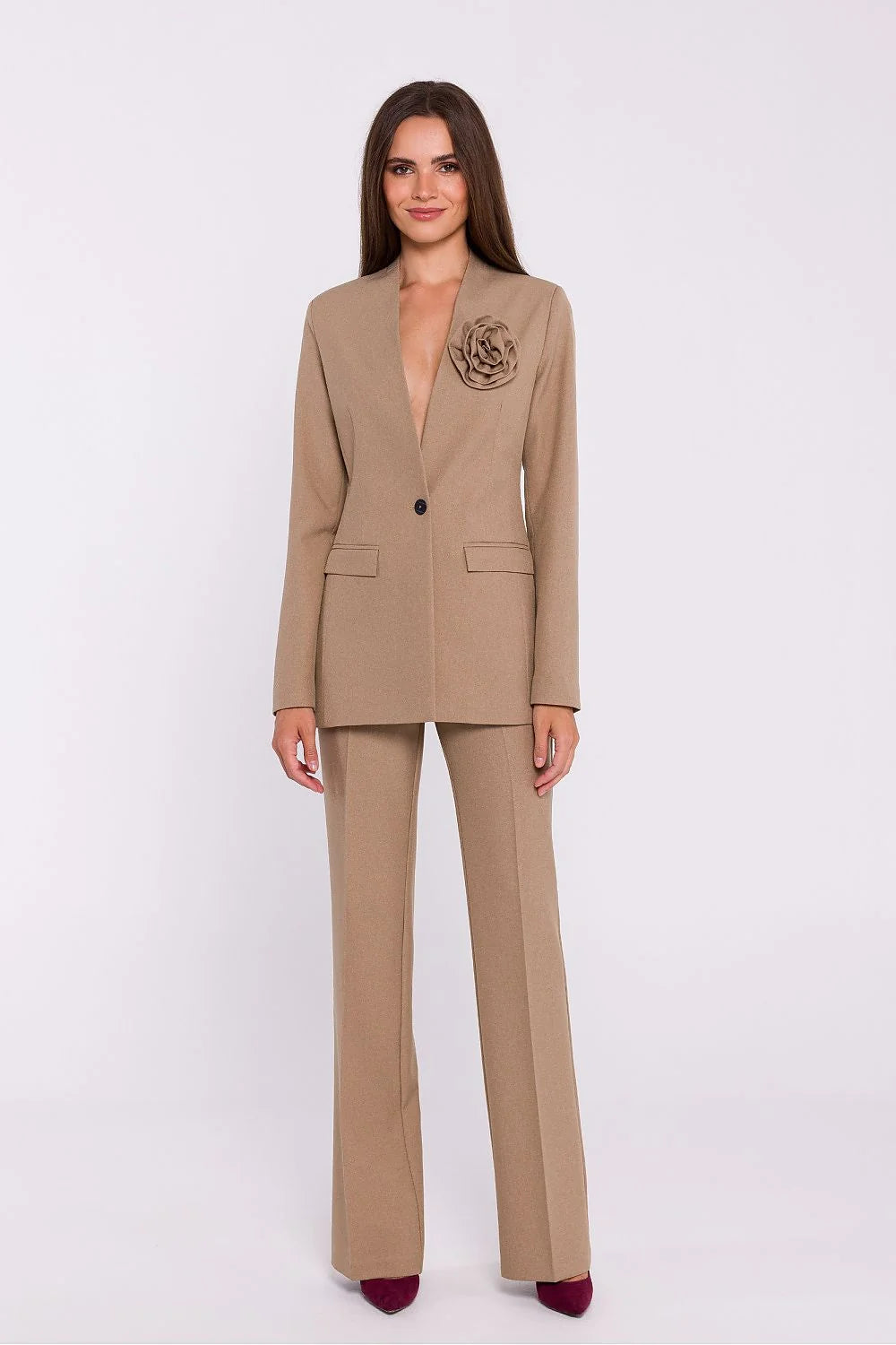 Pantalon femme Stylove en tissu mélange laine, coupe évasée, taille haute, couleur beige clair, style élégant et professionnel