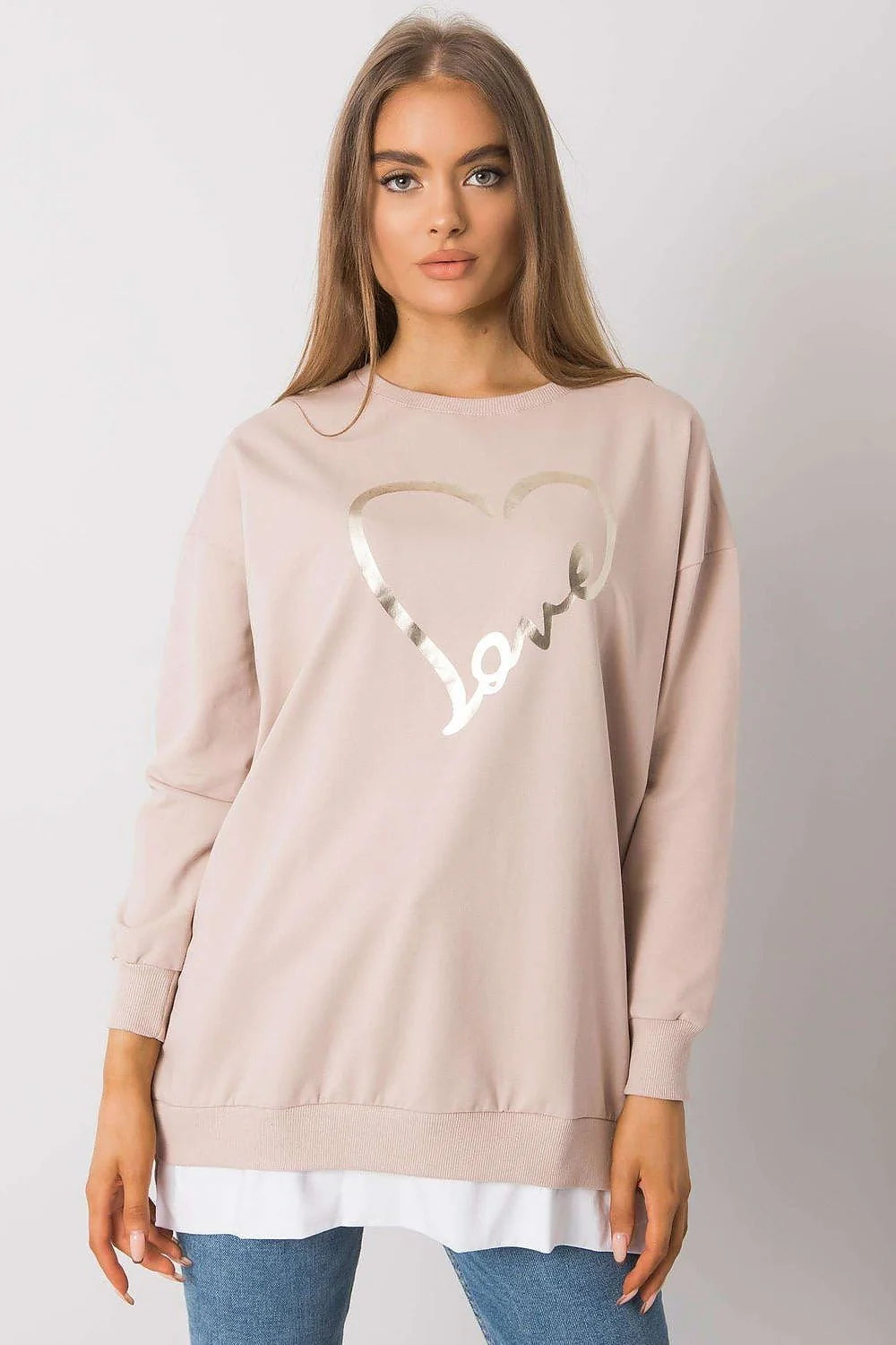 Sweatshirt femme design cœur love doré beige rosé coton polyester manches longues encolure ronde coupe ample