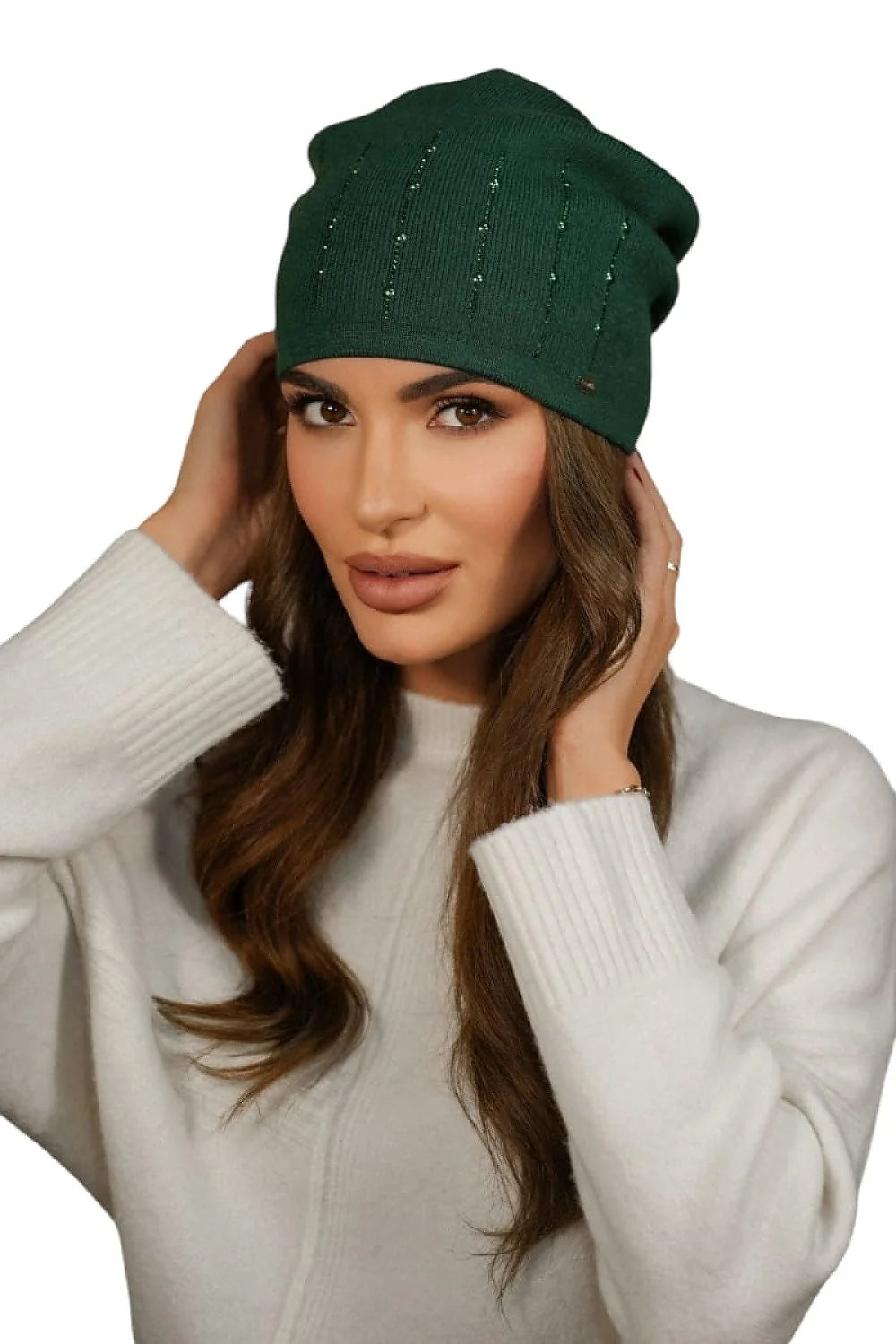 Bonnet femme élégant vert foncé perles zircons tricot viscose coupe ample slouchy mode automne hiver