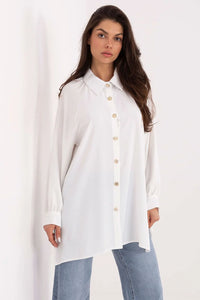 chemise longue femme oversize blanche fluide légère polyester col classique patte boutonnage boutons dorés manches bouffantes poignets resserrés coupe trapèze