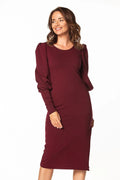Robe de jour Tessita style élégant longueur midi manches longues couleur bordeaux femme coton polyester ajustable