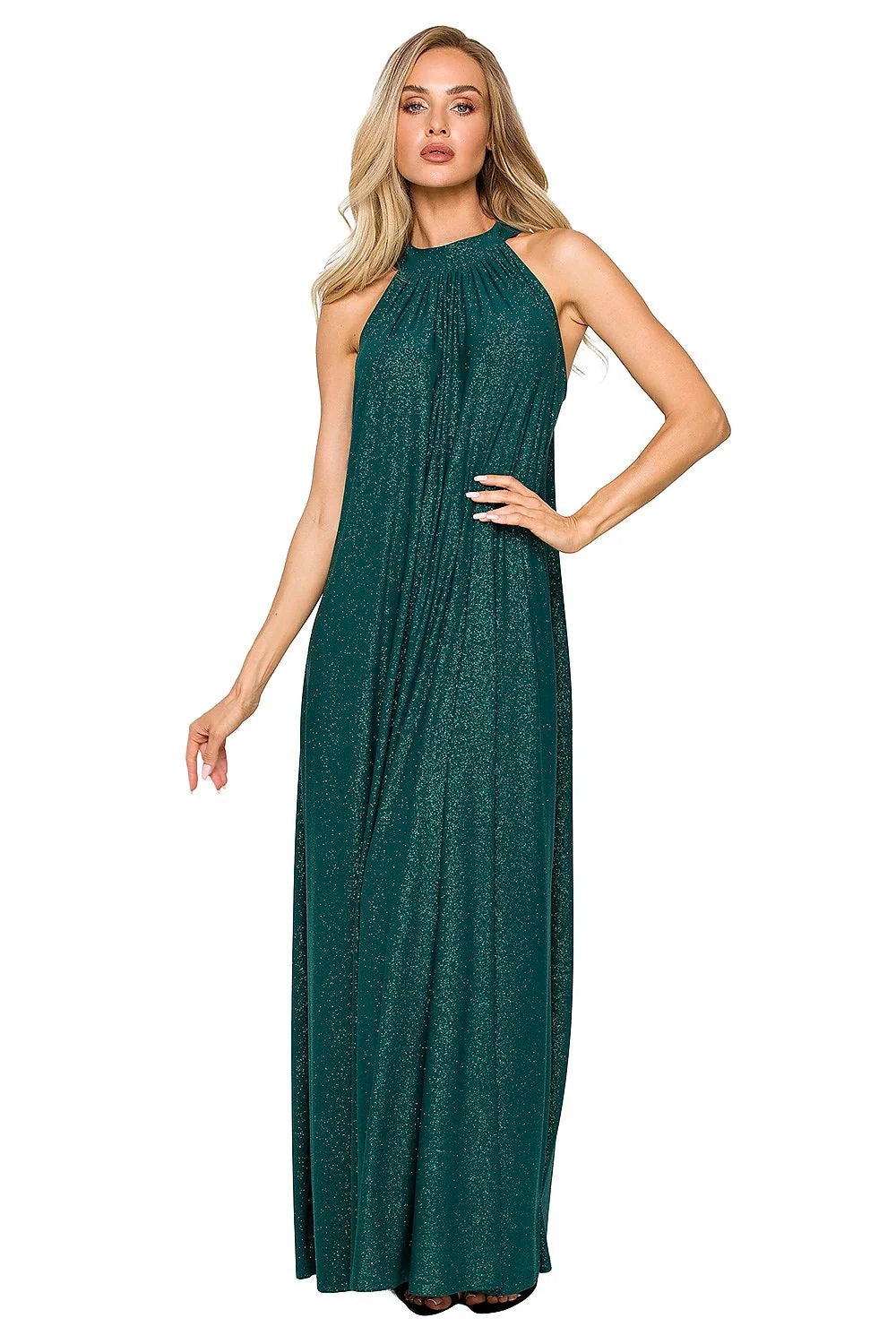 Robe de soirée élégante vert émeraude décolleté dos nu tissu brocart ceinture en chaîne dorée femme mariage gala