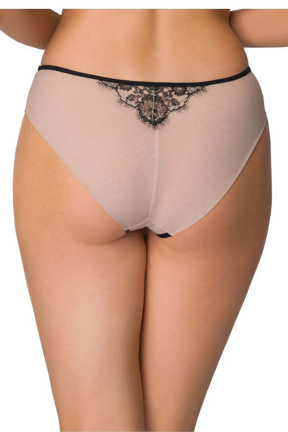Culotte en tulle transparent beige nude dentelle noire contrastante, coupe classique taille basse, lingerie intime féminine élégante et sensuelle