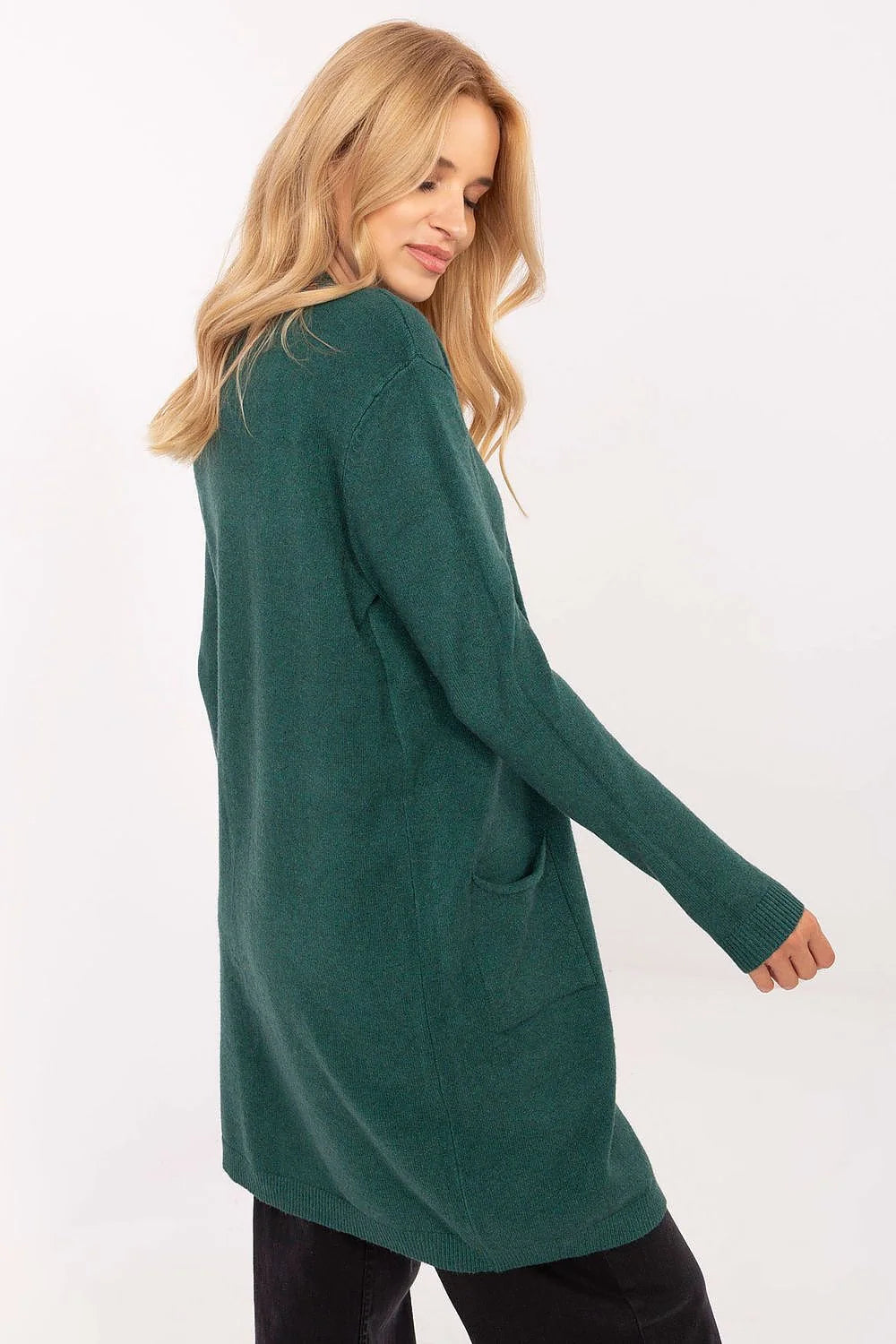 cardigan femme long ouvert maille fine vert sapin col châle mi cuisses manches longues poches plaquées