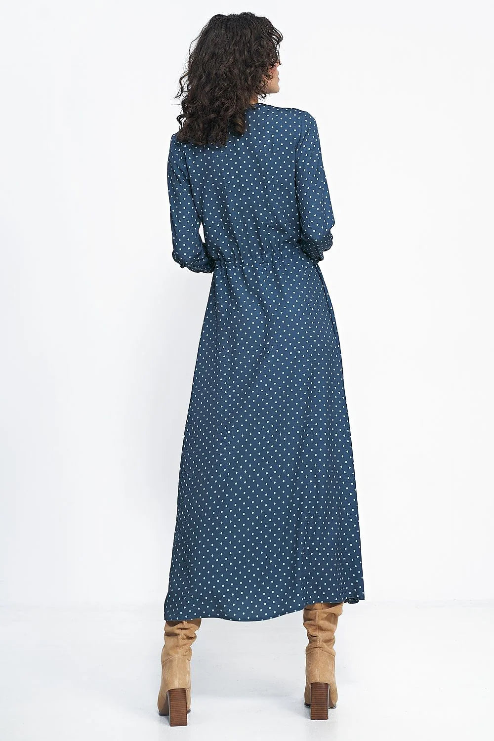Robe de jour élégante longue manches longues style romantique pois bleu foncé taille ajustable femme